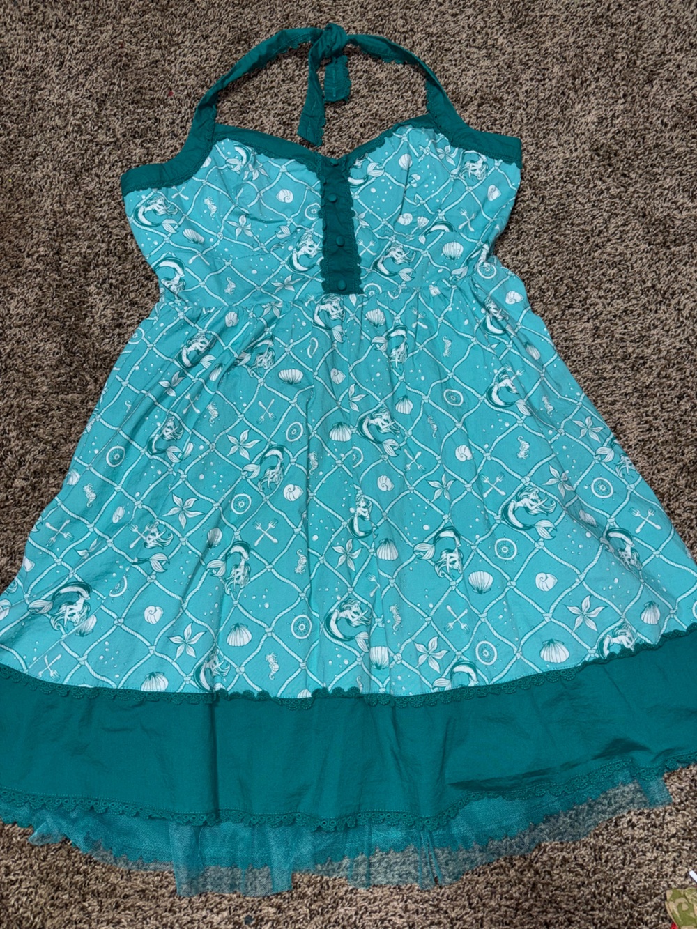Disney Teal and White Mermaid Print Halter Dress
